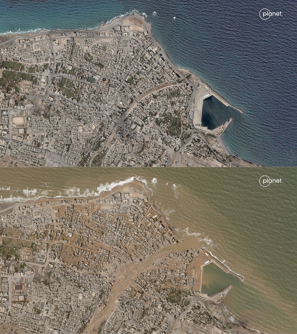 Montagem de imagens de satélite divulgadas pelo Planet Labs PBC mostra uma vista aérea da cidade de Derna antes e depois das enchentes — Foto: AFP