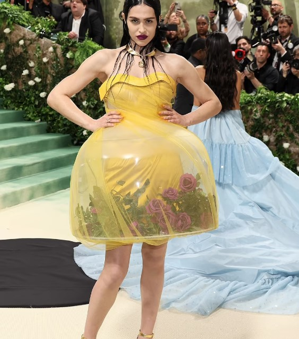 Amelia Gray Hamlin fez uma aparição desconcertante no Met Gala de 2024 no que parecia ser um vestido inflável cheio de flores