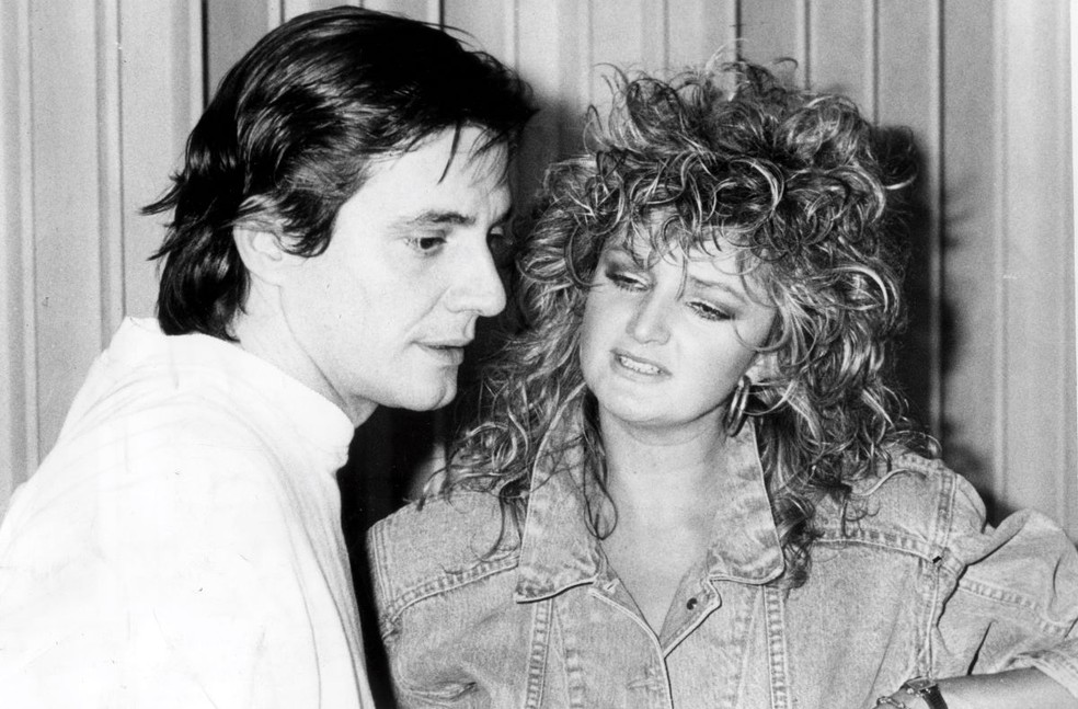 Fábio Jr. com Bonnie Tyler em 1987, quando  os dois gravaram o dueto "Sem limites para sonhar" — Foto: CBS/divulgação