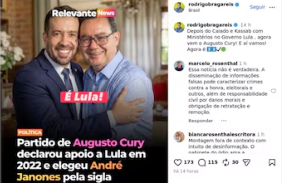 Post de Rodrigo Reis (PL-PR), onde o vereador suplente repercurte uma mat&eacute;ria de um portal online &mdash; Foto: Reprodu&ccedil;&atilde;o