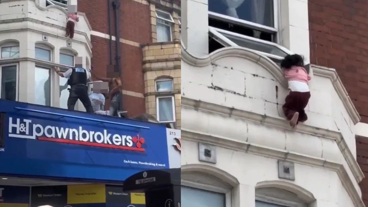 Momento de tensão: vídeo mostra resgate de menina pendurada em janela acima de rua movimentada em Londres