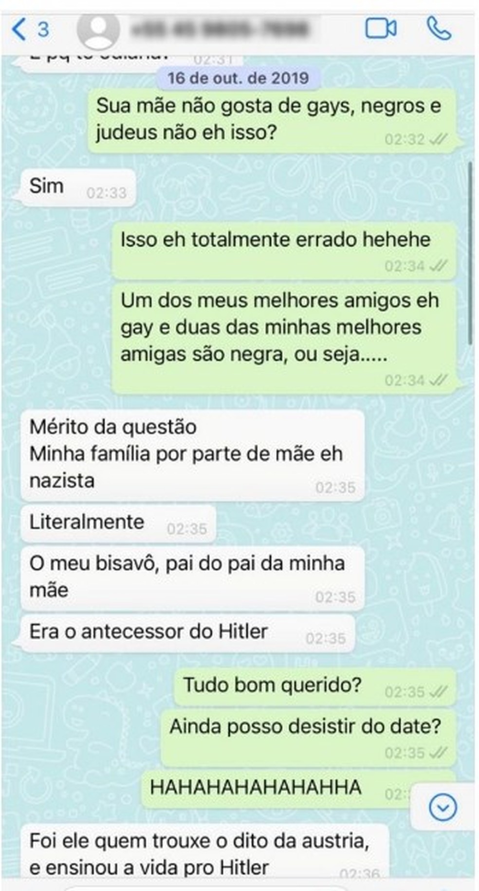 Em troca de mensagens com Thayane, Thiago Wild diz que sua família é nazista — Foto: Reprodução
