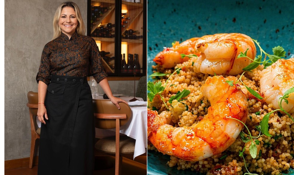 A chef Jessica Trindade e o prato que vai ensinar no Zona Sul: cuscuz de camarão — Foto: Divulgação