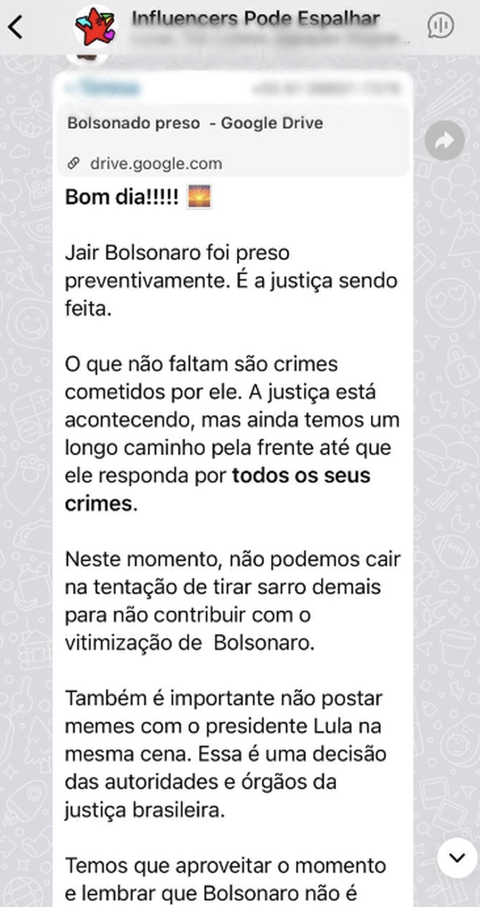 Mensagem orienta reação à prisão de Bolsonaro em grupo de WhatsApp que reúne militantes e influenciadores do PT — Foto: Reprodução