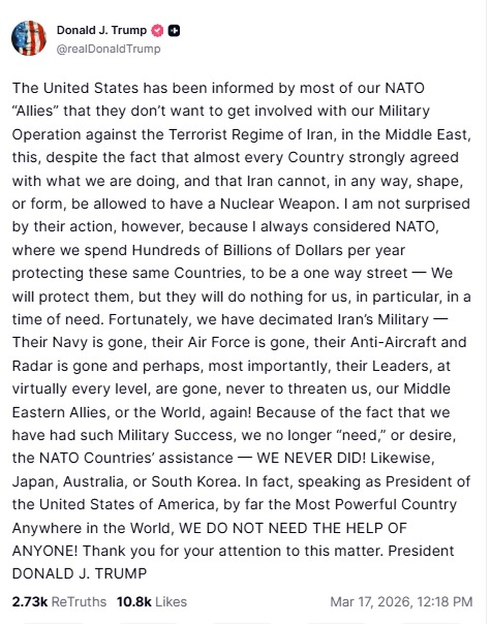 Post de Donald Trump no Truth Social — Foto: Reprodução: Truth Social