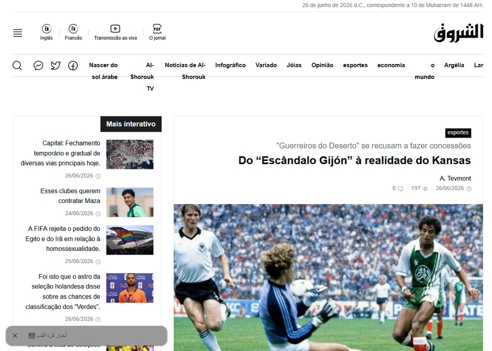Site argelino critica jogo de 1982 entre Alemanha e Áustria — Foto: Reprodução