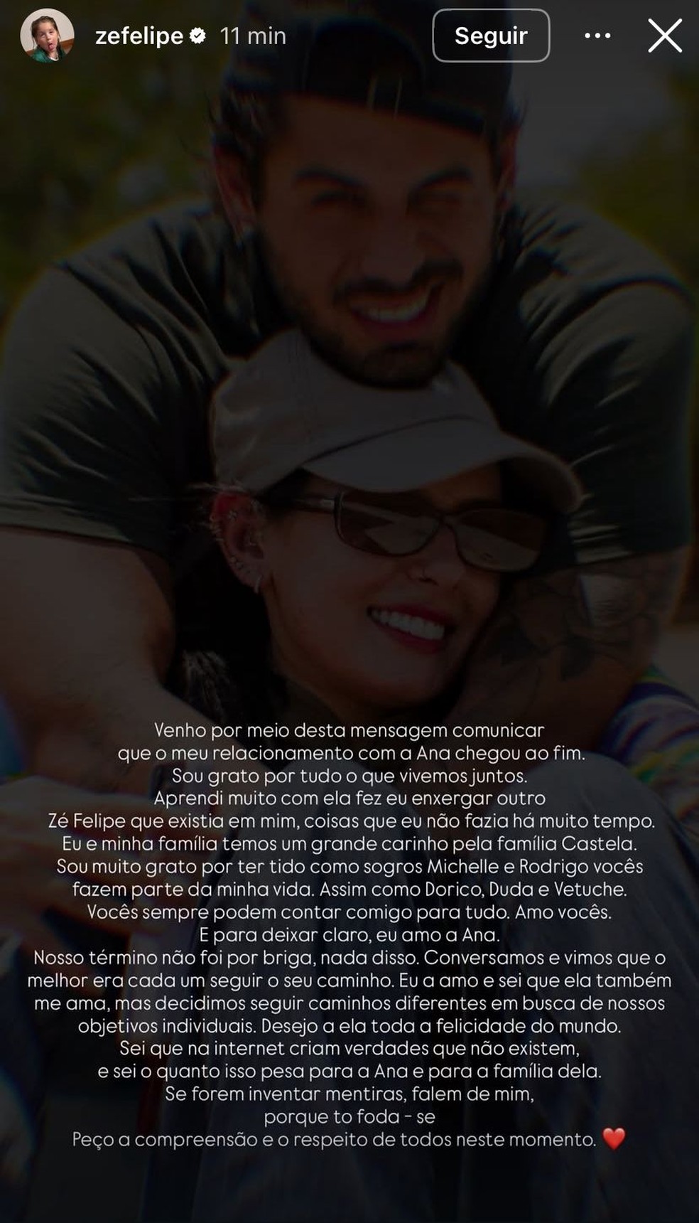 Zé Felipe announces his breakup with Ana Castela — Photo: Reproduction | Instagram @zefelipe