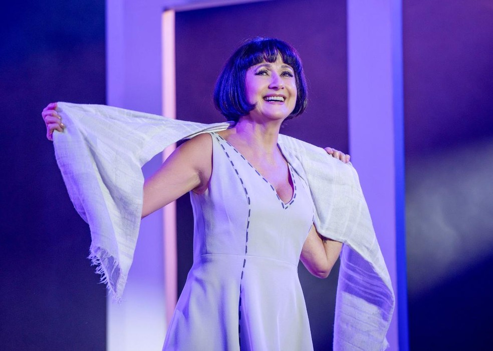 Zezé Polessa incorpora Nara Leão no solo de Miguel Falabella — Foto: Priscila Prade/ Divulgação