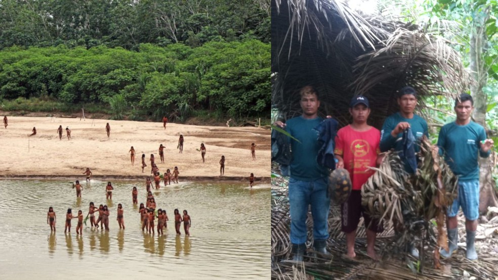 À esquerda, grupo Mashco Piro em aparição rara. À direita, monitores Manchineri recolhem vestígios de caça e presença dos Mashco Piro — Foto: Suvival International/Acervo pessoal