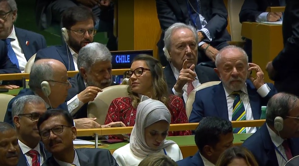 Lula, Celso Amorim e Ricardo Lewandowski durante discurso de Trump na ONU — Foto: Reprodução