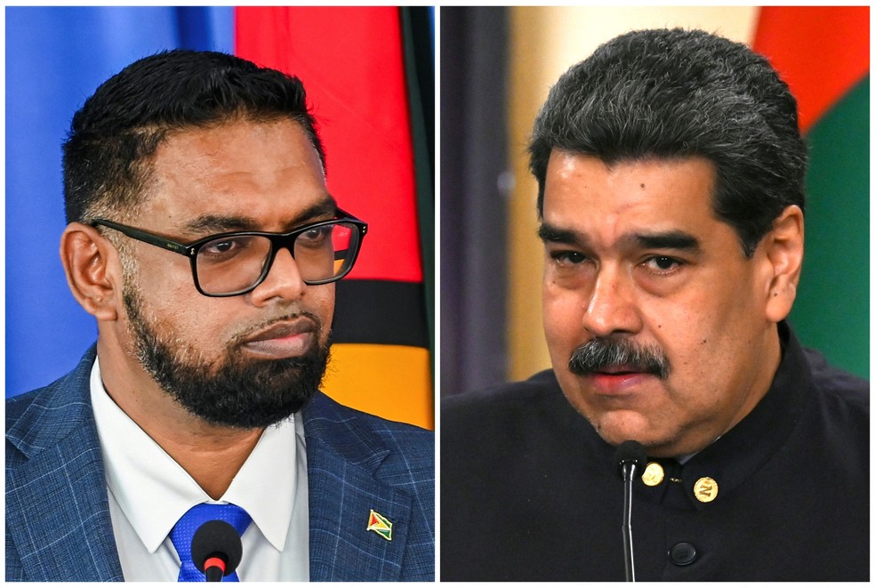O presidente da Guiana, Mohamed Irfaan Ali, e o presidente da Venezuela, Nicolás Maduro — Foto: AFP