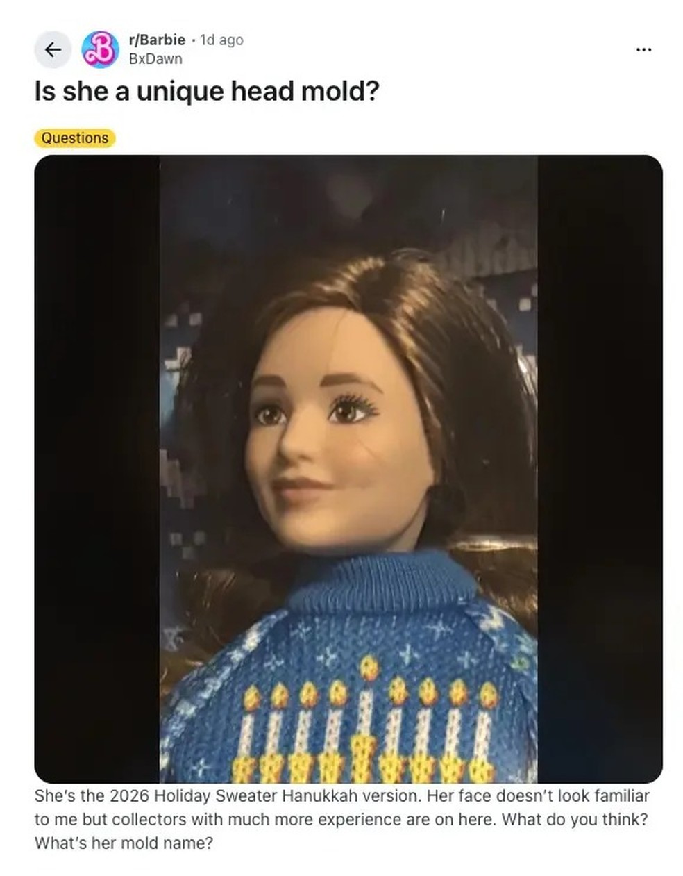 No Reddit, colecionadores de bonecas notaram uma diferença entre o nariz da Barbie de Hanukkah e o das Barbies mais comuns. — Foto: Reprodução