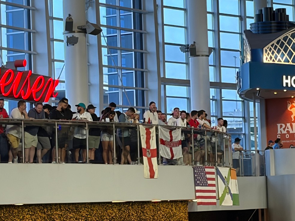 Torcedore estenderam bandeira, o que é proibido nos jogos da Major League Baseball — Foto: Rafael Oliveira
