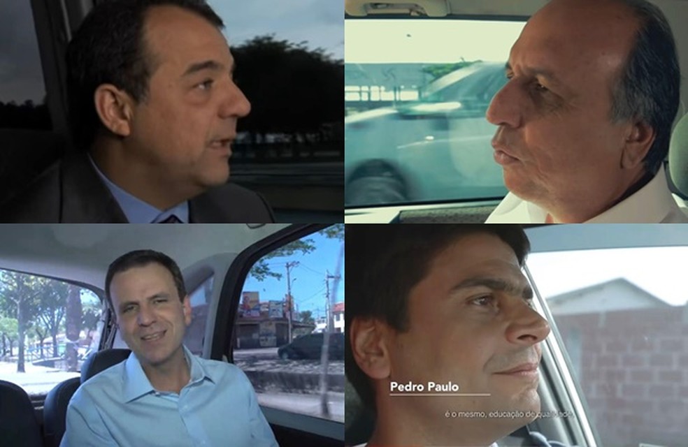 Sergio Cabral, Luiz Fernando Pezão, Eduardo Paes e Pedro Paulo em propagandas para a TV — Foto: Reprodução