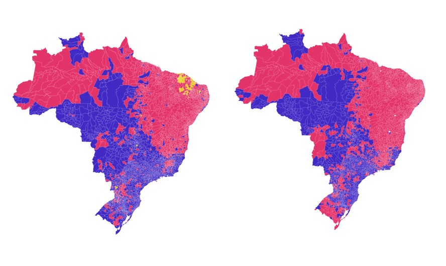 Mapas de votação por município de 2018 e 2022.