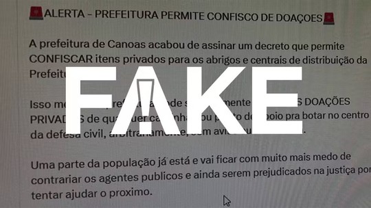 É #FAKE que Prefeitura de Canoas assinou decreto que permite 'tomar doações privadas' no RS