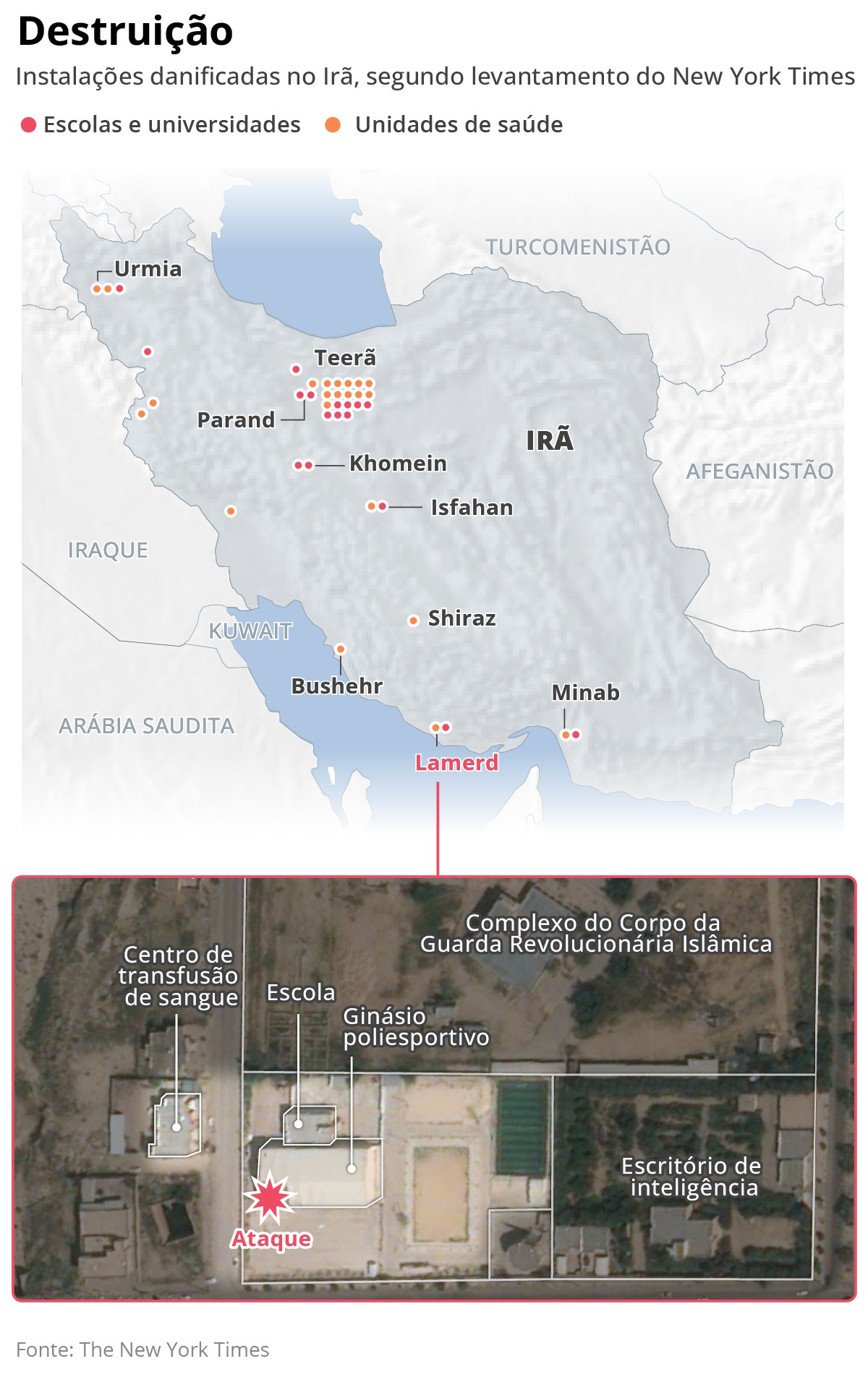 Ataques dos EUA e de Israel deixaram escolas e hospitais em ruínas no Irã