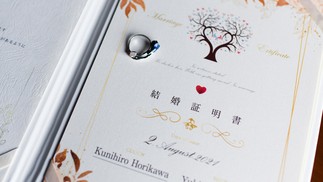 Certidão de casamento não oficial de Kina Horikawa com Kunihiro Horikawa, um personagem do jogo para celular Touken Ranbu NYT