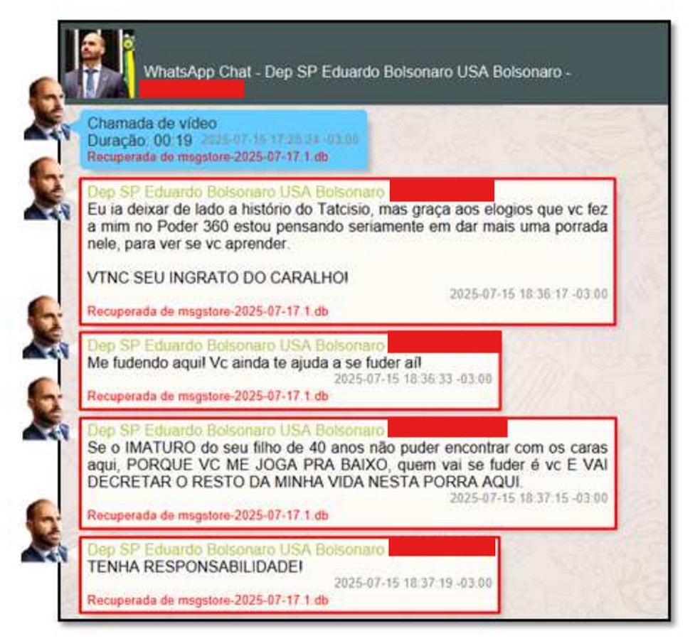 Imagem da conversa em que Eduardo Bolsonaro xinga o pai — Foto: Reprodução