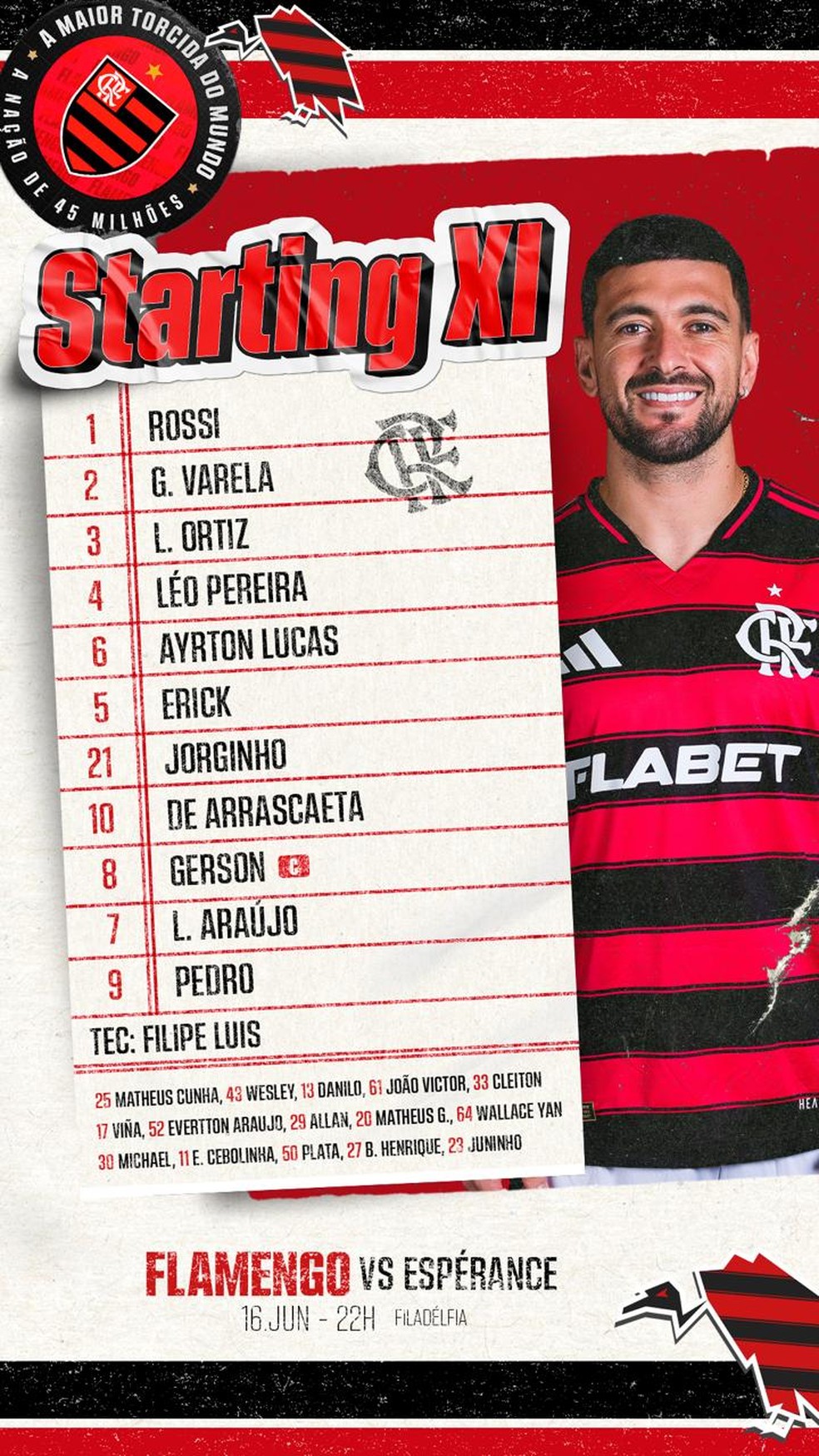 Escalação do Flamengo para enfrentar o Espérance, na estreia do Mundial de Clubes — Foto: Divulgação