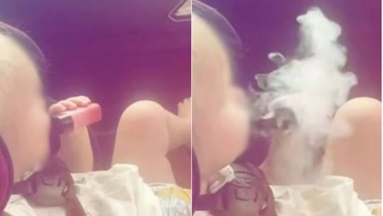 Imagens viralizam ao mostrarem bebê fumando cigarro eletrônico; veja fotos