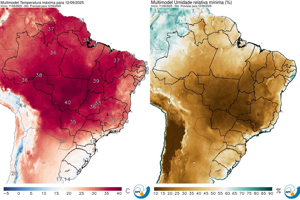 Mapas mostram as máximas esperadas para esta sexta (à esquerda) e os índices de umidade relativa no ar em todo o Brasil — Foto: Reprodução
