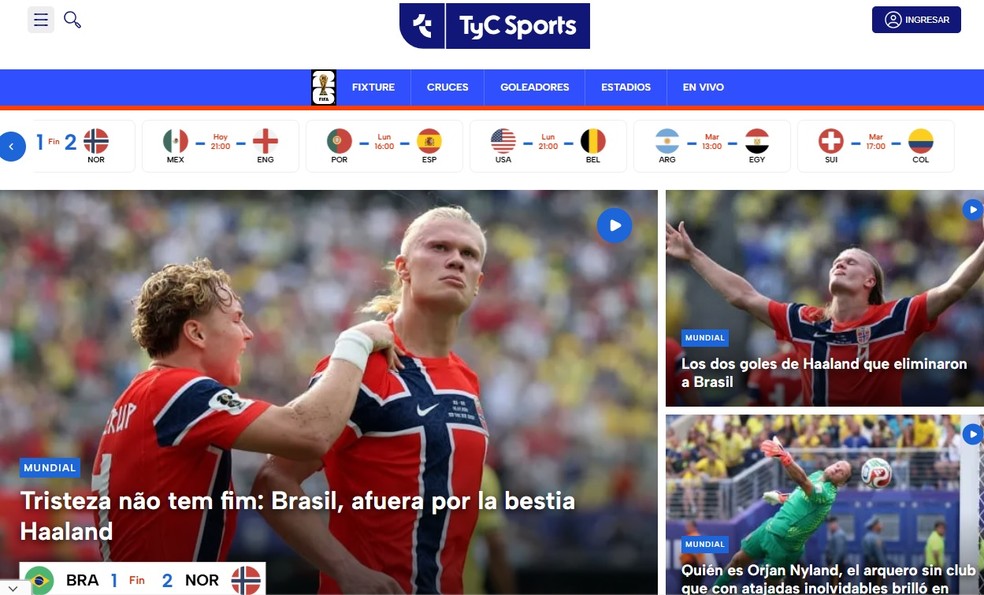 Repercuss&atilde;o no Tyc Sport, da Argentina &mdash; Foto: Reprodu&ccedil;&atilde;o