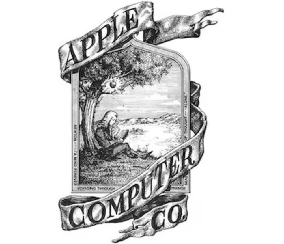 O primeiro logotipo apresentava a imagem de Isaac Newton e foi desenhado em 1976 por Ronald Wayne — Foto: Constanza Bengochea / Reprodução La Nacion