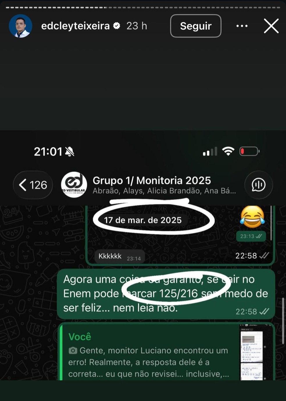 Enem: mensagem de WhatsApp na qual Edcley indica resposta da questão — Foto: Reprodução