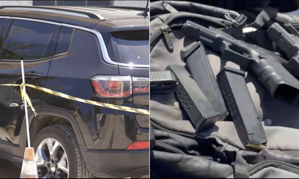 Armas encontradas na mala de um carro: material apreendido com os suspeitos de envolvimento na morte de um policial civil — Foto: Júlia Aguiar/ Agência O Globo e reprodução