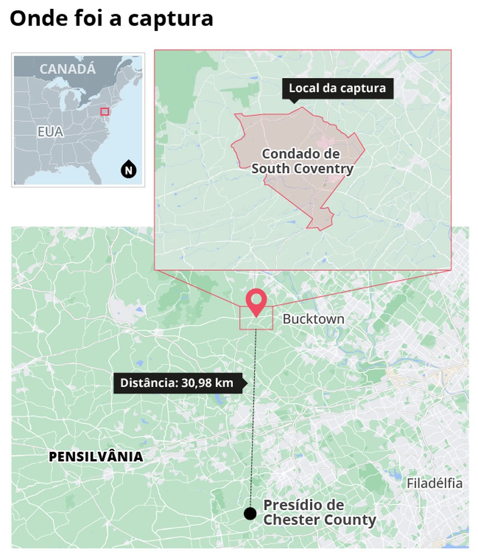 Mapa mostra local onde Danilo Cavalcante foi capturado, nos EUA — Foto: Editoria de Arte