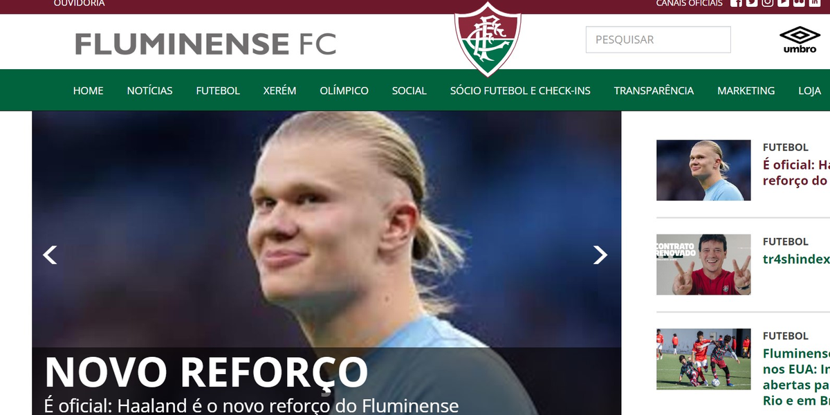 Site oficial do Fuminense anuncia suposta contratação do jogador Erling Haaland