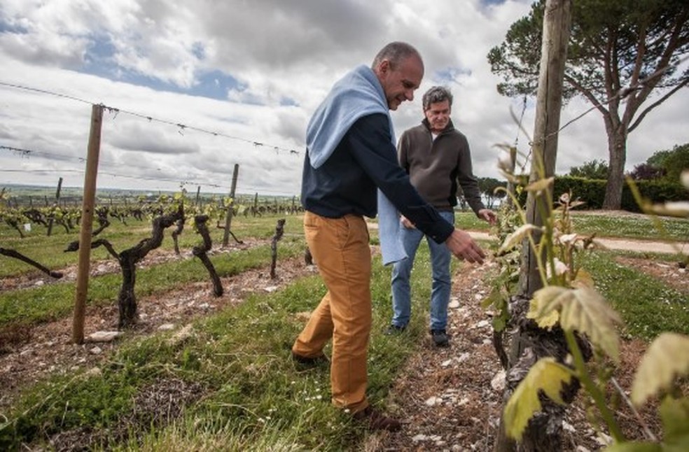 Bertrand Gabriel Vigouroux e Paul Hobbs em vinhedo em Cahors, na França — Foto: Divulgação Crocus
