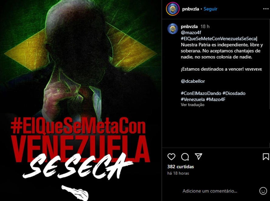 Perfil da polícia venezuelana no Instagram faz post com silhueta de Lula e bandeira do Brasil: 'Quem se mete com a Venezuela se dá mal'