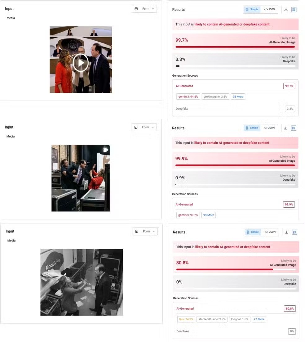 O Fato ou Fake submeteu à ferramenta de detecção Hive Moderation as imagens apontadas como se fossem da jornalista e do empresário. A plataforma apontou que as imagens contêm inteligência artificial — Foto: Reprodução
