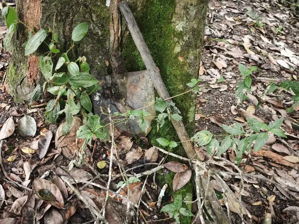 Durante buscas pelas tr&ecirc;s adolescentes desaparecidas na Bahia, pol&iacute;cia encontra sacos pl&aacute;sticos, fitas e p&aacute; &mdash; Foto: Delegacia Territorial de Eun&aacute;polis