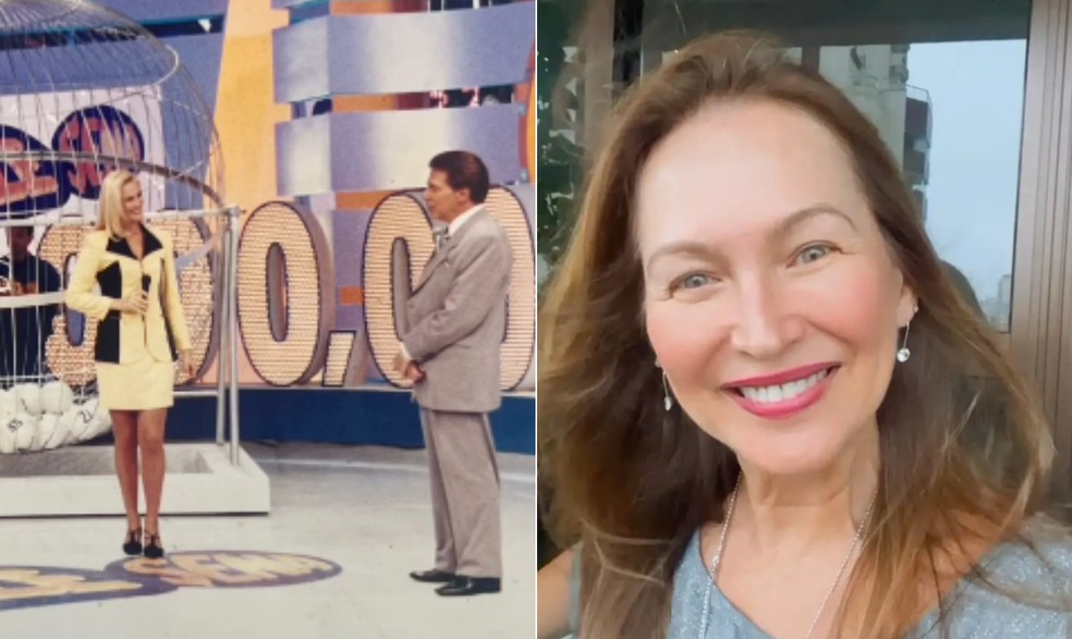 A ex-assistente de palco Adriana Colin com Silvio Santos e atualmente — Foto: Reprodução/Instagram