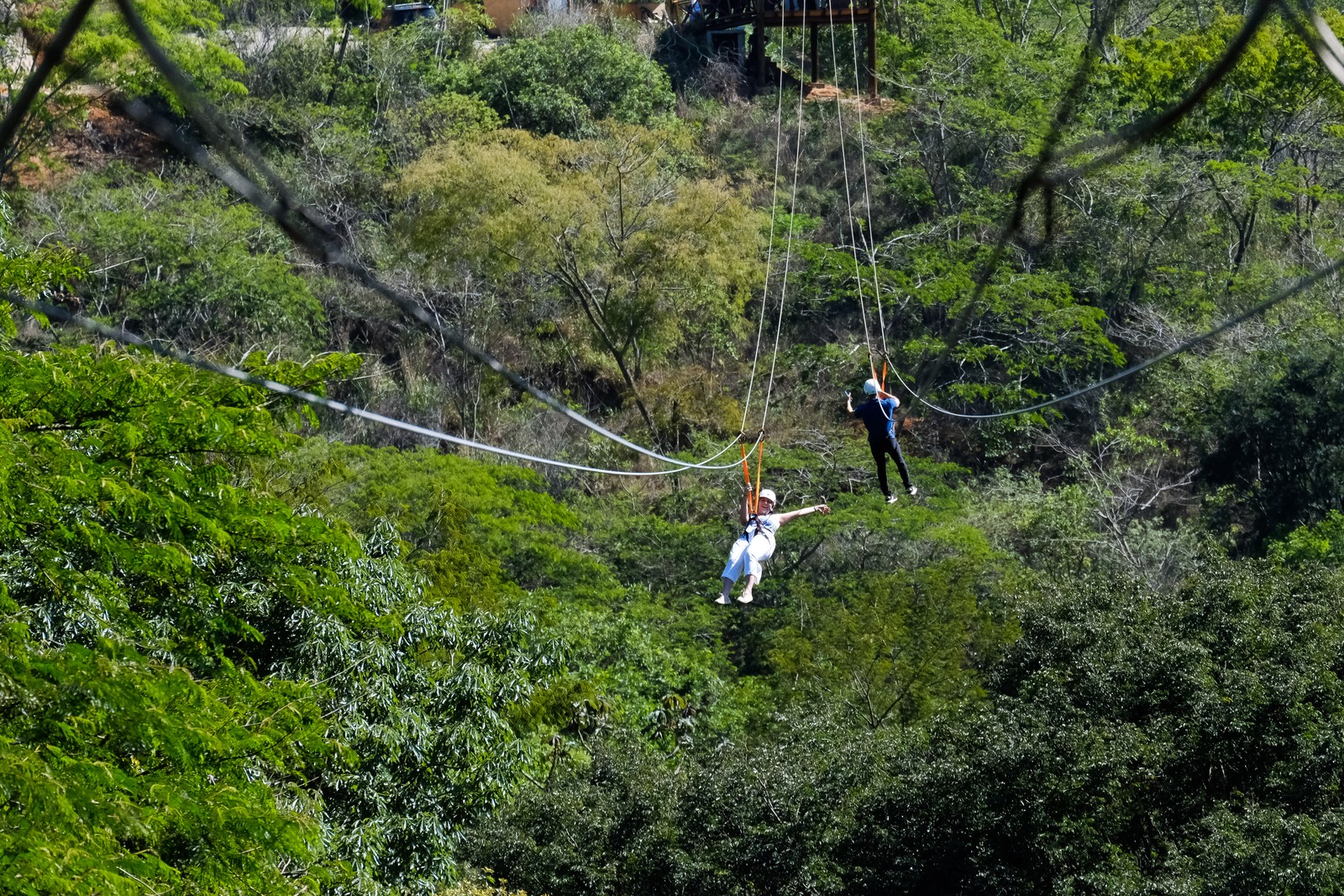 Com 300 metros de comprimento e altura que chega a cem metros, a tirolesa é a atração mais radical do parque Terra dos Dinos, em Miguel Pereira, no Estado do Rio — Foto: Divulgação / Ministério do Turismo
