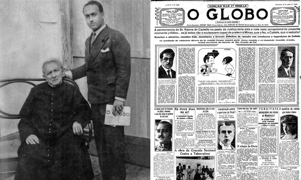 Padre Cícero, Benjamin Abrahão e o jornal que ele tem na mão, de 26 de julho de 1929 — Foto: Reprodução