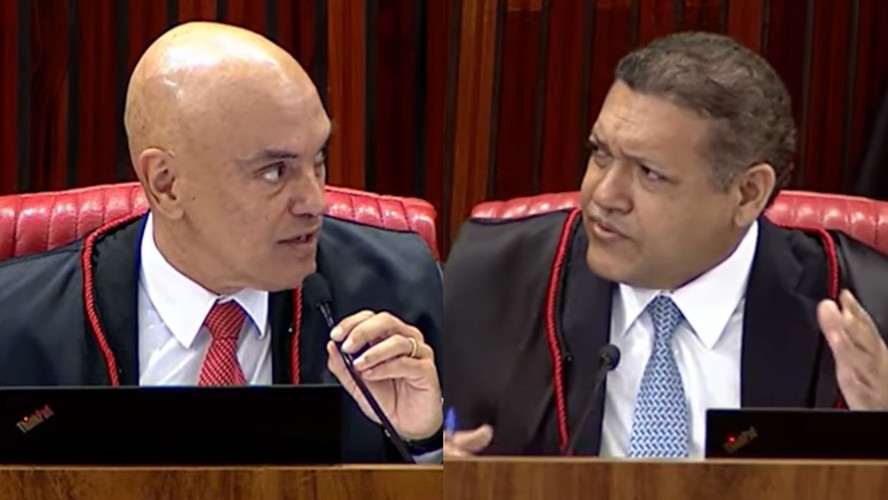 Os ministros Alexandre de Moraes e Nunes Marques, durante sessão do STF