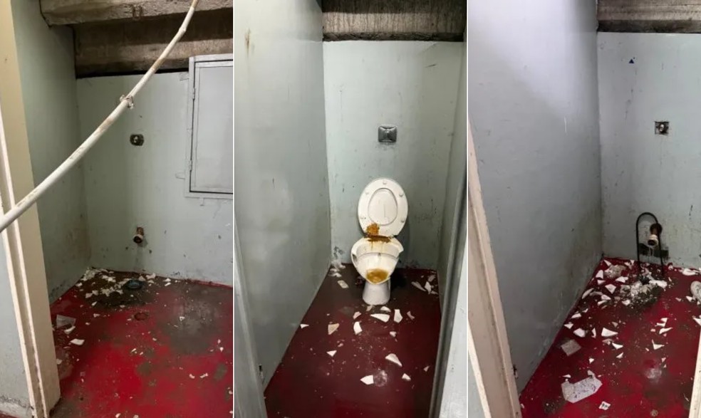 Banheiros do estádio do Independiente foram vandalizados durante briga na Sul-Americana — Foto: Reprodução/TyC Sports