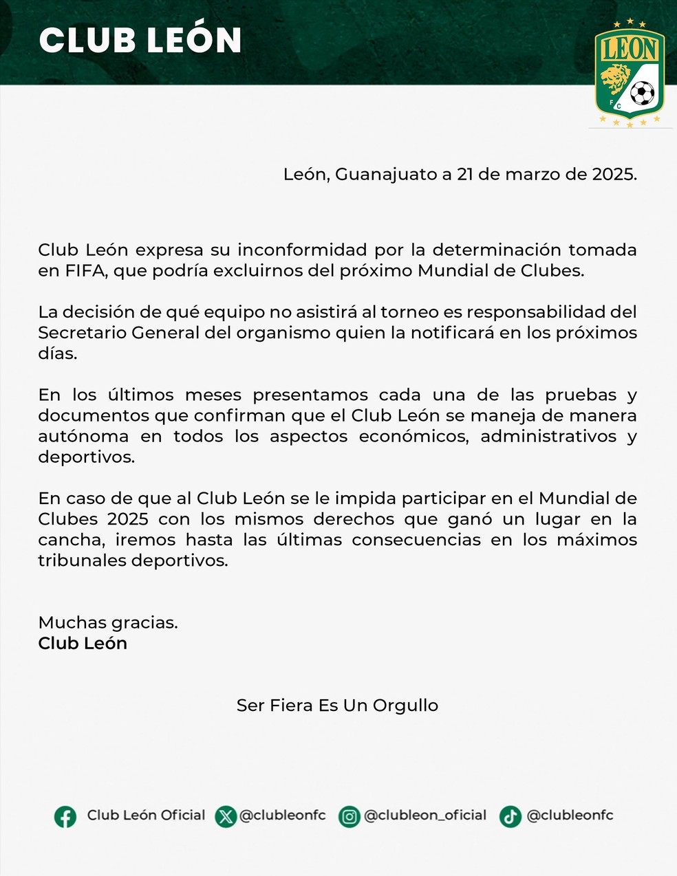 Nota oficial do León — Foto: Divulgação/León