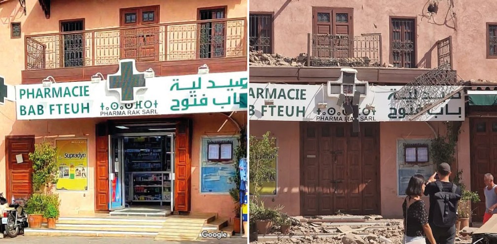 Fachada destruída de fármacia em Marrakesh — Foto: Jalvan Andrade/GoogleStreet