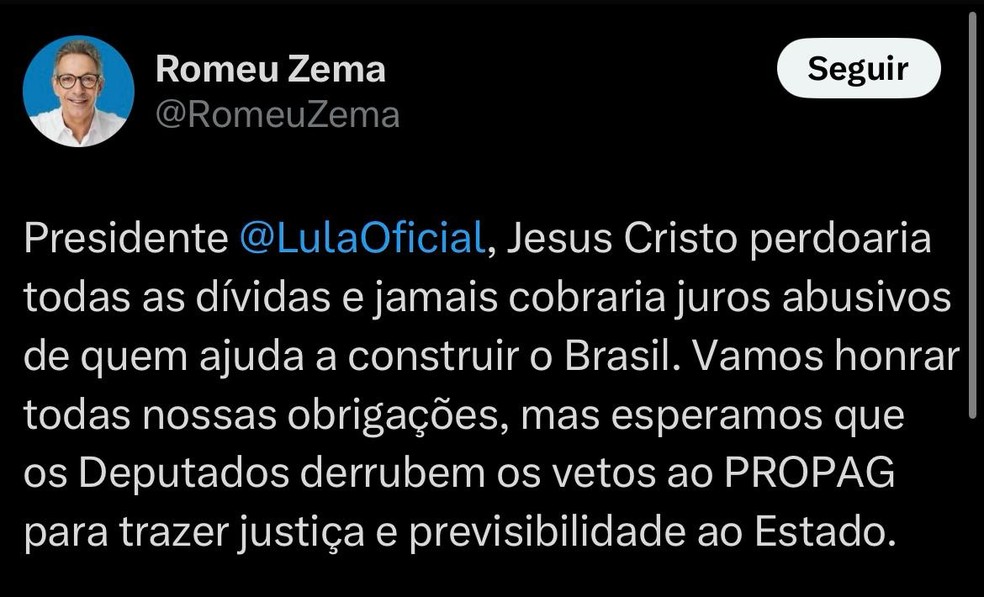 Resposta do governador de Minas Gerais, Romeu Zema, à crítica feita pelo presidente Lula — Foto: Reprodução/Redes sociais