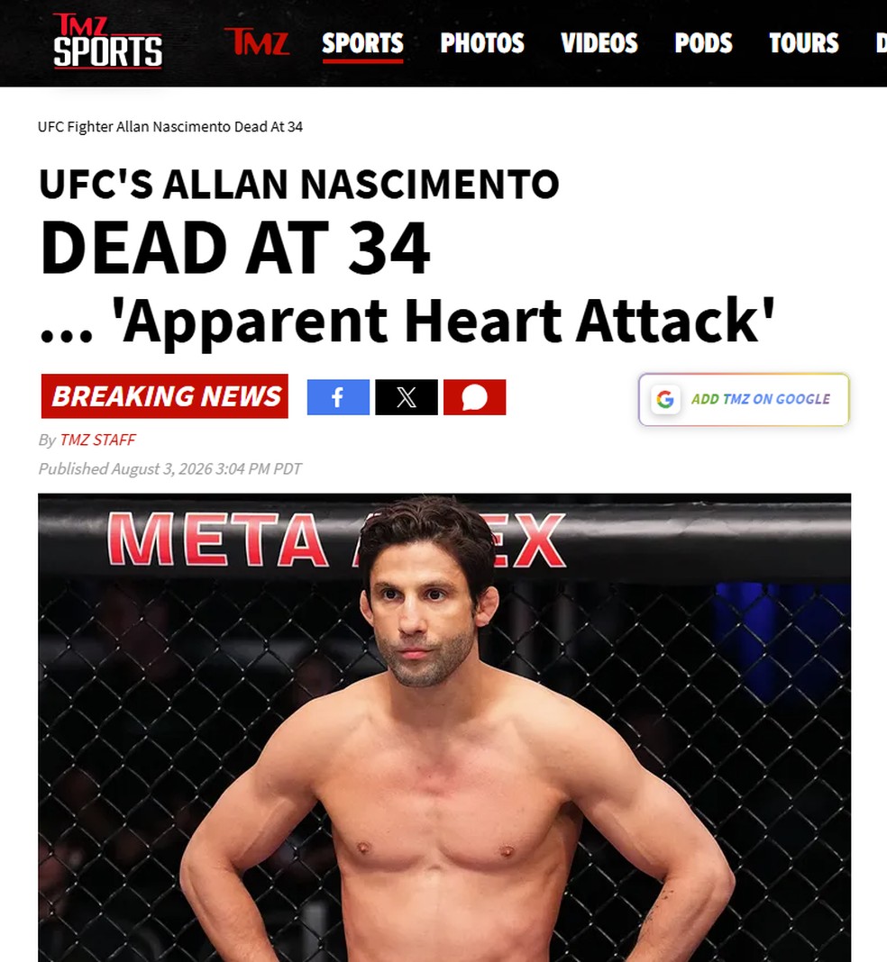 O site TMZ noticiou a morte de Allan Nascimento — Foto: Reprodução