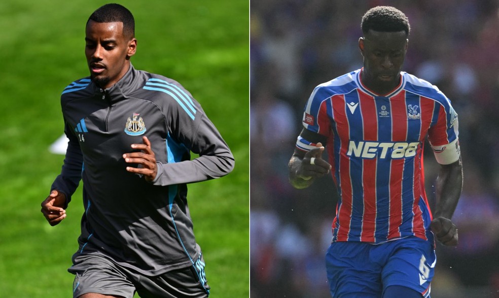 Alexander Isak e Marc Guehi são alvos do Liverpool — Foto: Divulgação/Newcastle e Glyn KIRK / AFP