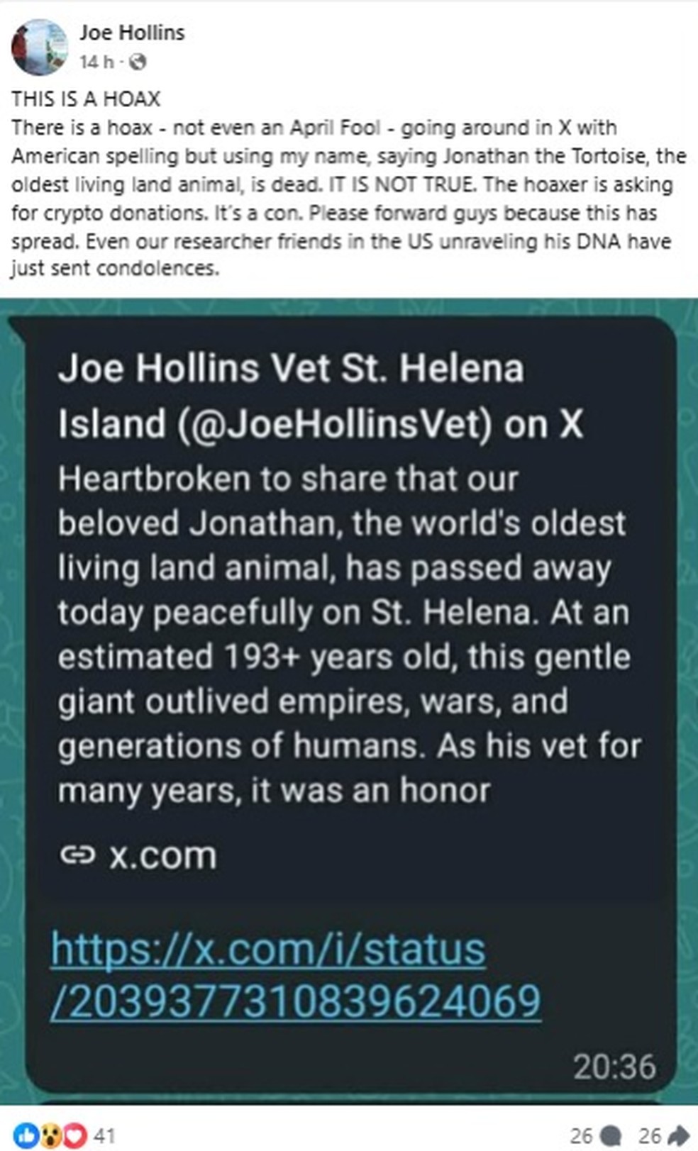 Publicação do veterinário desmentindo a informação — Foto: Captura de tela