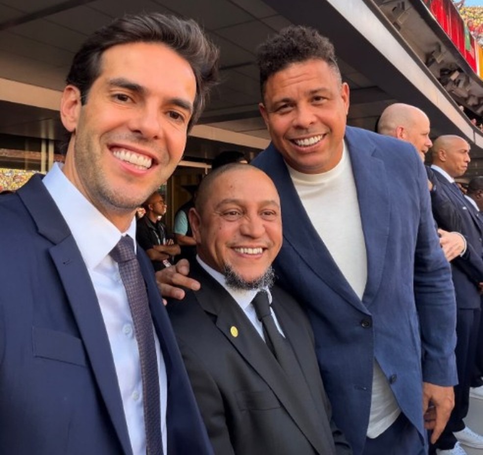 Kaká, Roberto Carlos e Ronaldo Fenômeno juntos no MetLife Stadium para a partida entre Brasil e Marrocos — Foto: Reprodução | Instagram