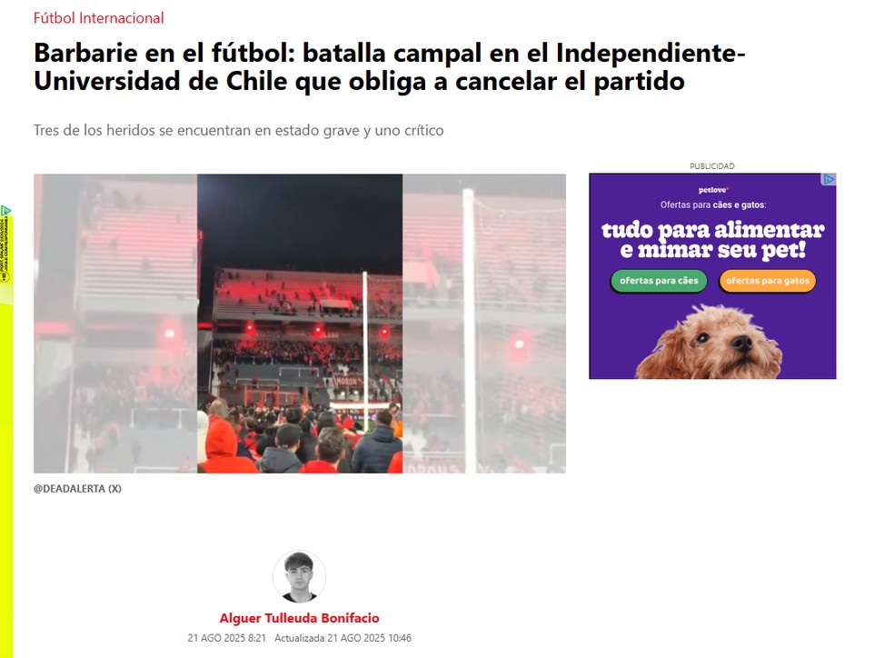 Sport repercute confusão em Independiente x Universidad de Chile — Foto: Reprodução