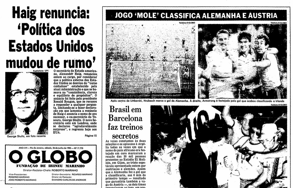 Capa do GLOBO de 26 de junho de 1982 critica jogo entre Alemanha Ocidental e Áustria, na Copa do Mundo — Foto: Acervo O GLOBO